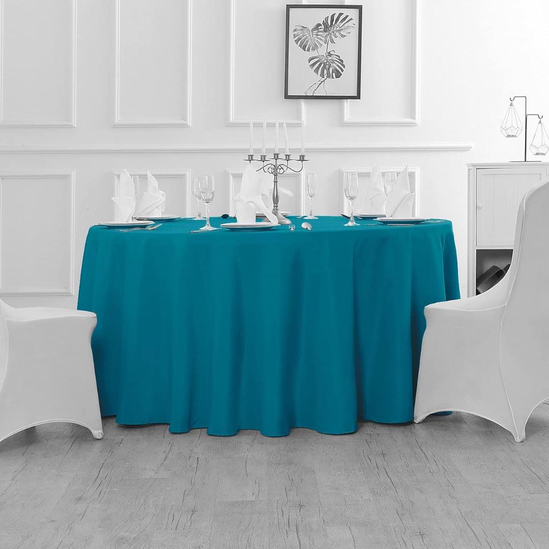 TURQUOISE - 120" Round Polyester Poplin Washable Tablecloth, Stain Wrinkle Resistant Table Cover Fabric Table Cloth Dinning, Kitchen, Party