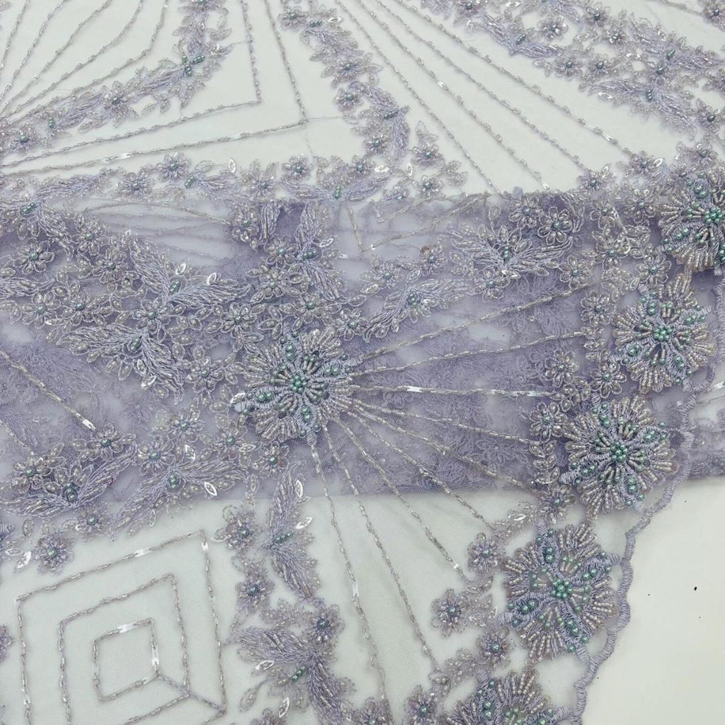 Luxembourg Designs Lace - Lilac- Beaded Design with Embroidered Sequins and Beads On a Mesh Lace Fabric for Prom Dress By The Yard