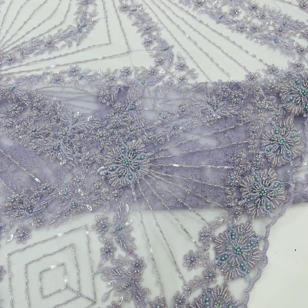 Luxembourg Designs Lace - Lilac- Beaded Design with Embroidered Sequins and Beads On a Mesh Lace Fabric for Prom Dress By The Yard