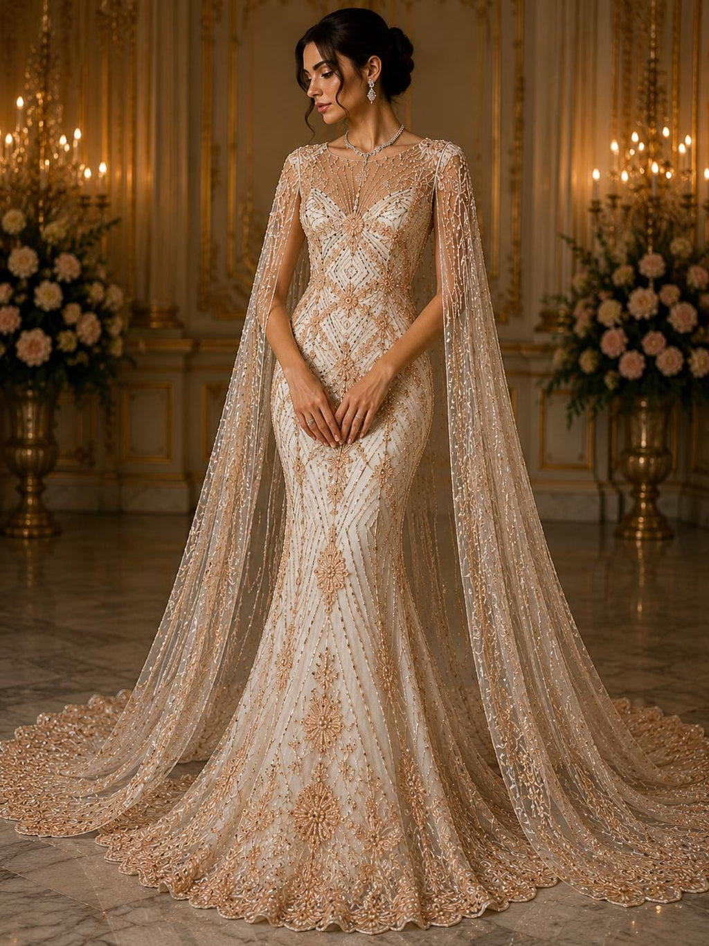 Luxembourg Designs Lace - Peach - Beaded Design with Embroidered Sequins and Beads On a Mesh Lace Fabric for Prom Dress By The Yard