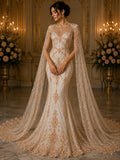Luxembourg Designs Lace - Peach - Beaded Design with Embroidered Sequins and Beads On a Mesh Lace Fabric for Prom Dress By The Yard