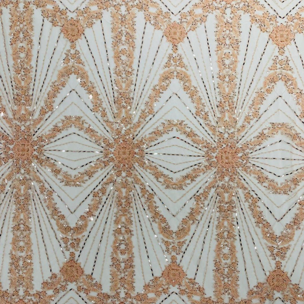 Luxembourg Designs Lace - Peach - Beaded Design with Embroidered Sequins and Beads On a Mesh Lace Fabric for Prom Dress By The Yard