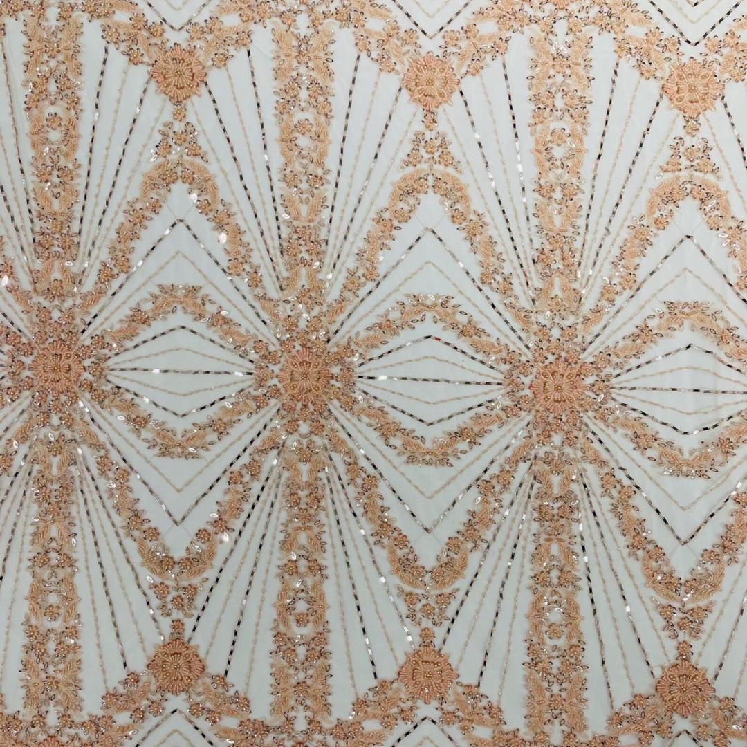 Luxembourg Designs Lace - Peach - Beaded Design with Embroidered Sequins and Beads On a Mesh Lace Fabric for Prom Dress By The Yard