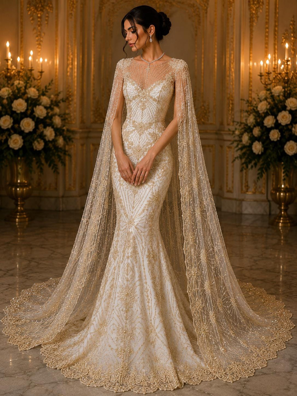 Luxembourg Designs Lace - Ivory - Beaded Design with Embroidered Sequins and Beads On a Mesh Lace Fabric for Prom Dress By The Yard