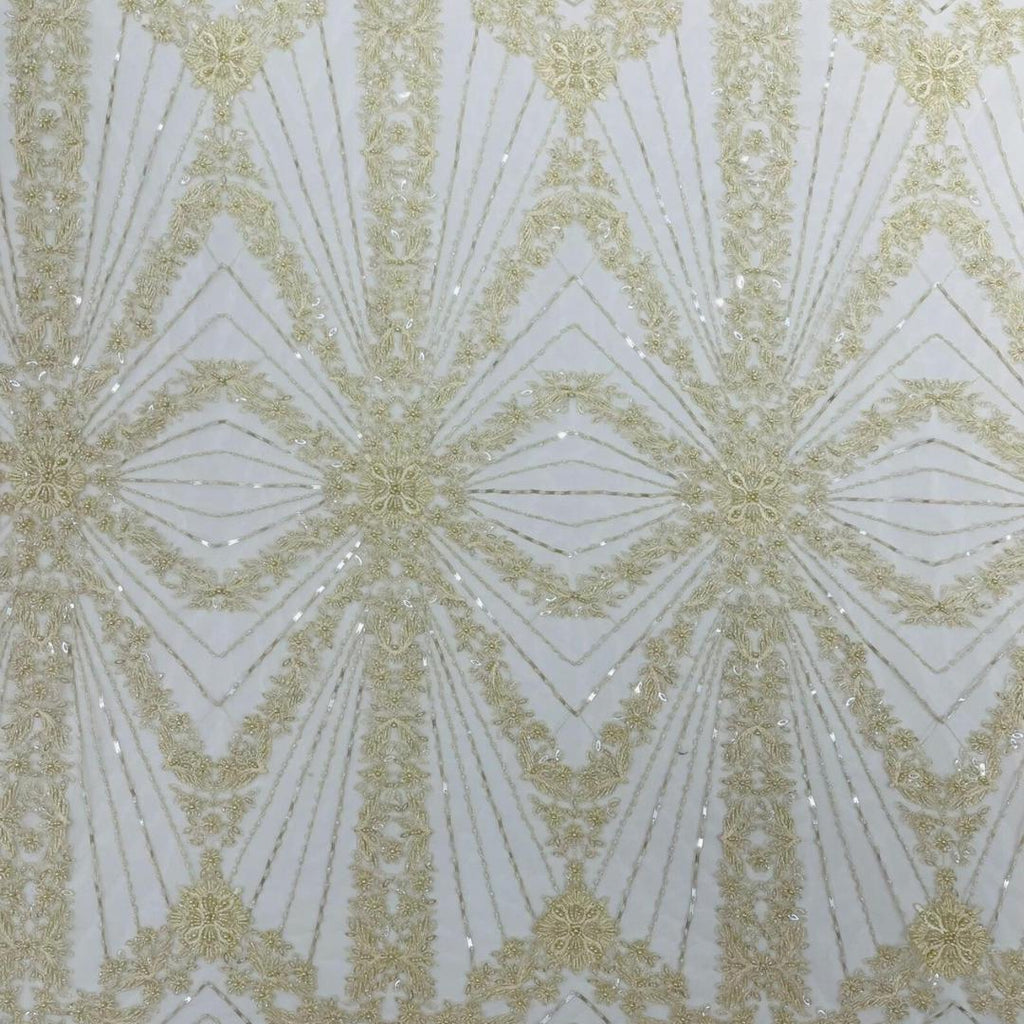 Luxembourg Designs Lace - Ivory - Beaded Design with Embroidered Sequins and Beads On a Mesh Lace Fabric for Prom Dress By The Yard