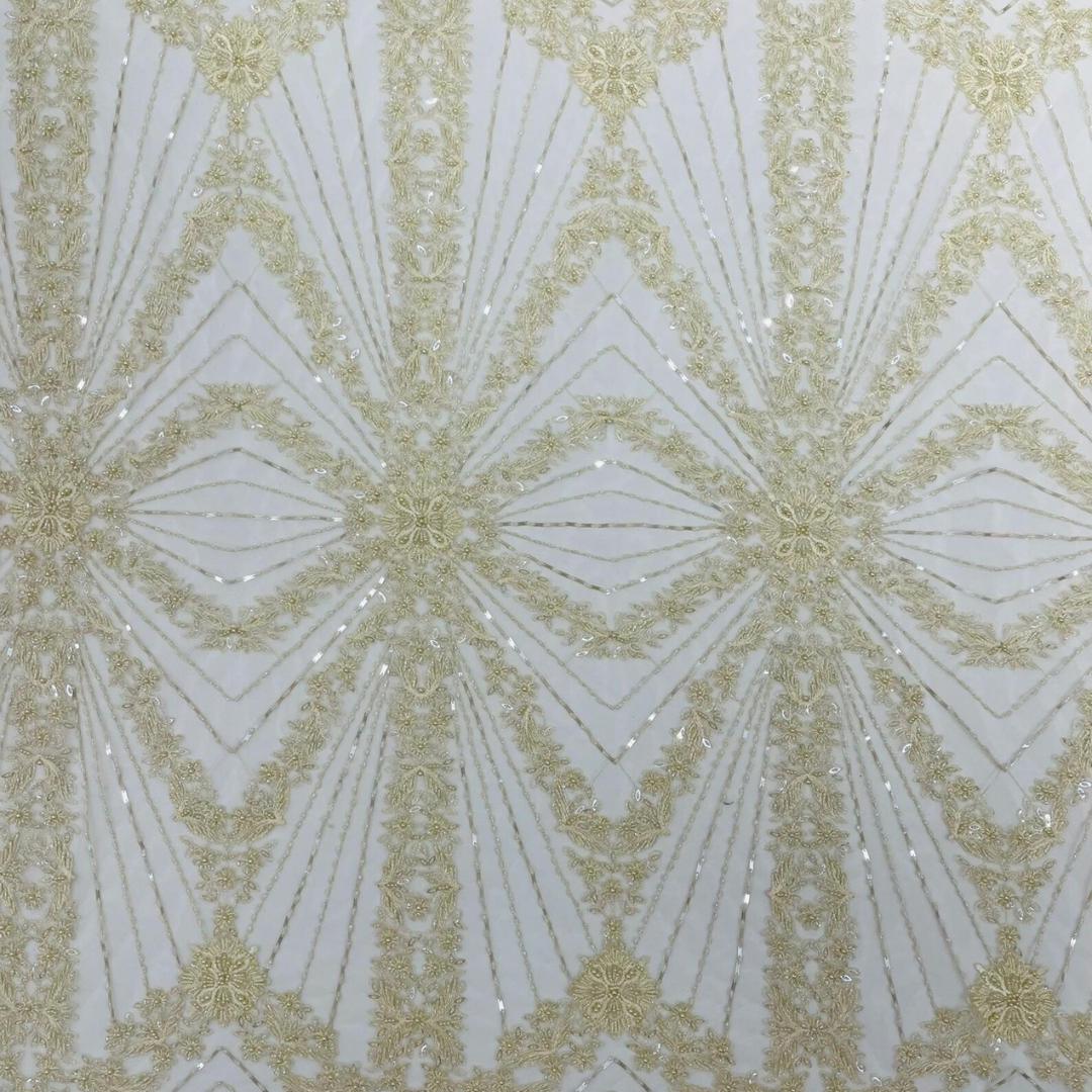 Luxembourg Designs Lace - Ivory - Beaded Design with Embroidered Sequins and Beads On a Mesh Lace Fabric for Prom Dress By The Yard