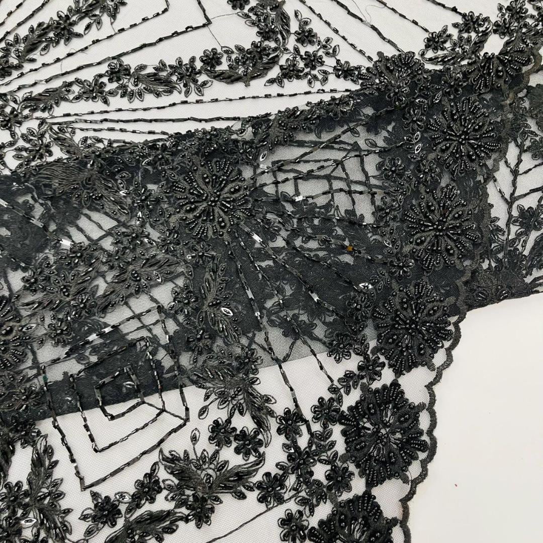 Luxembourg Designs Lace - Black - Beaded Design with Embroidered Sequins and Beads On a Mesh Lace Fabric for Prom Dress By The Yard