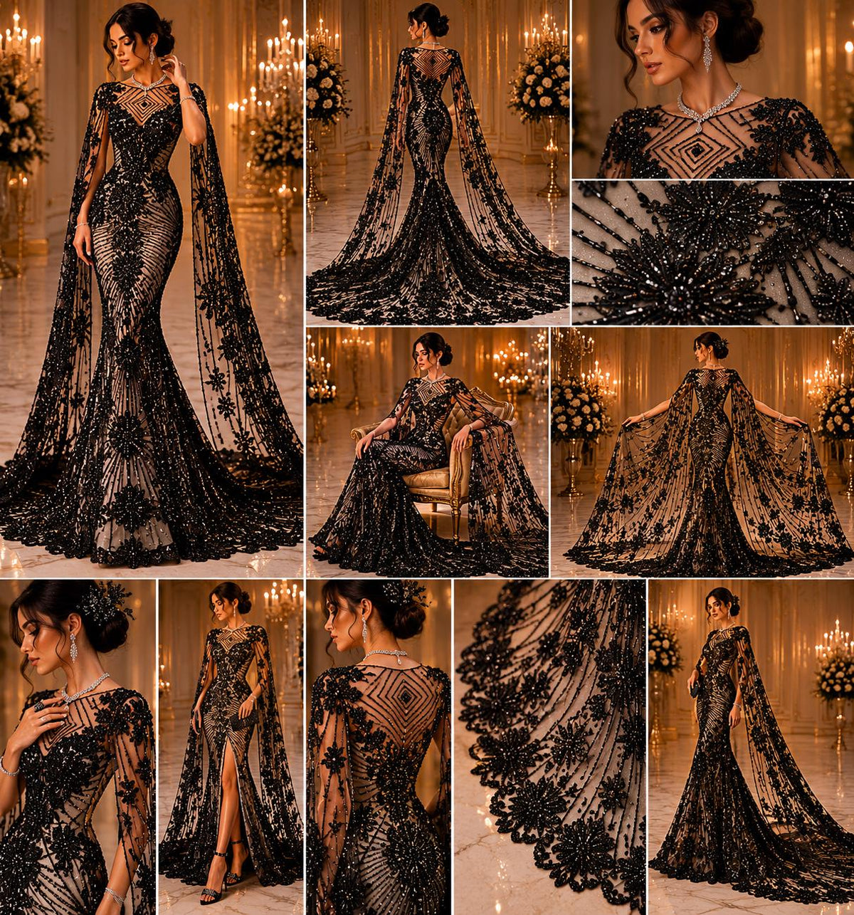 Luxembourg Designs Lace - Black - Beaded Design with Embroidered Sequins and Beads On a Mesh Lace Fabric for Prom Dress By The Yard