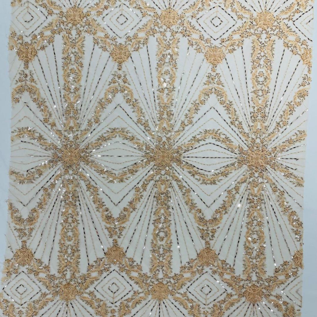 Luxembourg Designs Lace - Blush - Beaded Design with Embroidered Sequins and Beads On a Mesh Lace Fabric for Prom Dress By The Yard