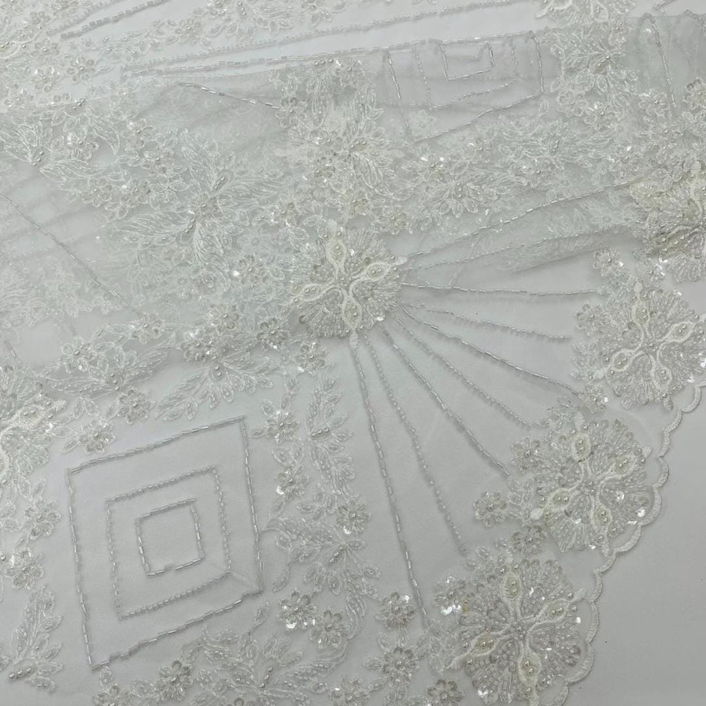 Luxembourg Designs Lace - White - Beaded Design with Embroidered Sequins and Beads On a Mesh Lace Fabric for Prom Dress By The Yard