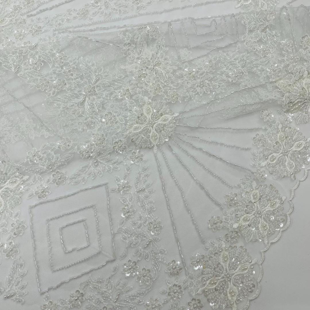 Luxembourg Designs Lace - White - Beaded Design with Embroidered Sequins and Beads On a Mesh Lace Fabric for Prom Dress By The Yard