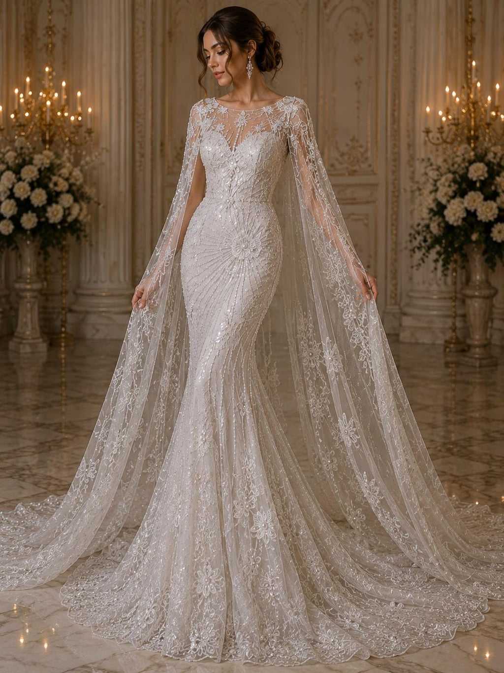 Luxembourg Designs Lace - White - Beaded Design with Embroidered Sequins and Beads On a Mesh Lace Fabric for Prom Dress By The Yard