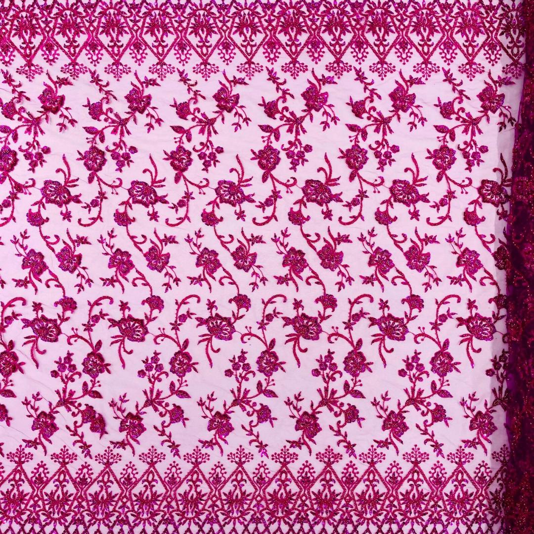 Luxurious Design Lace - Fuchsia- Beaded Design with Embroidered Sequins and Beads On a Mesh Lace Fabric for Prom Dress By The Yard