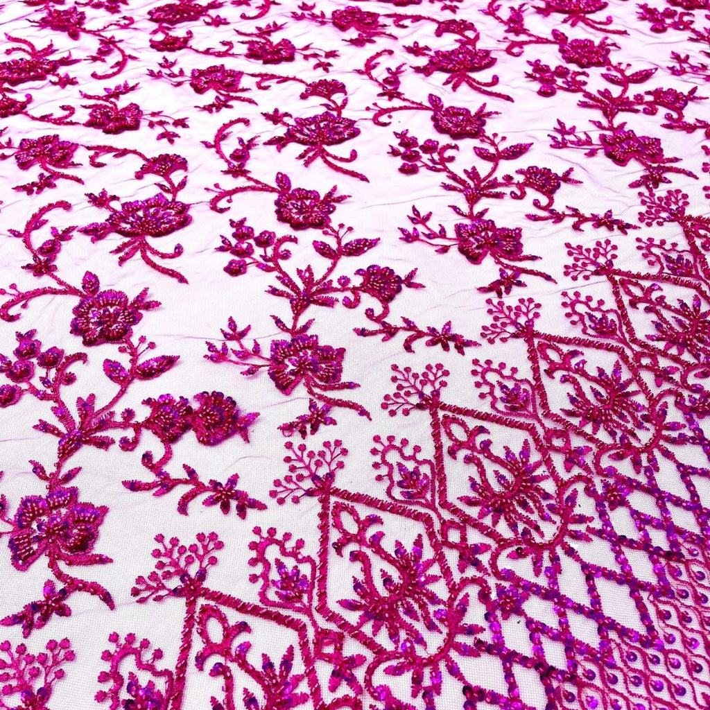 Luxurious Design Lace - Fuchsia- Beaded Design with Embroidered Sequins and Beads On a Mesh Lace Fabric for Prom Dress By The Yard