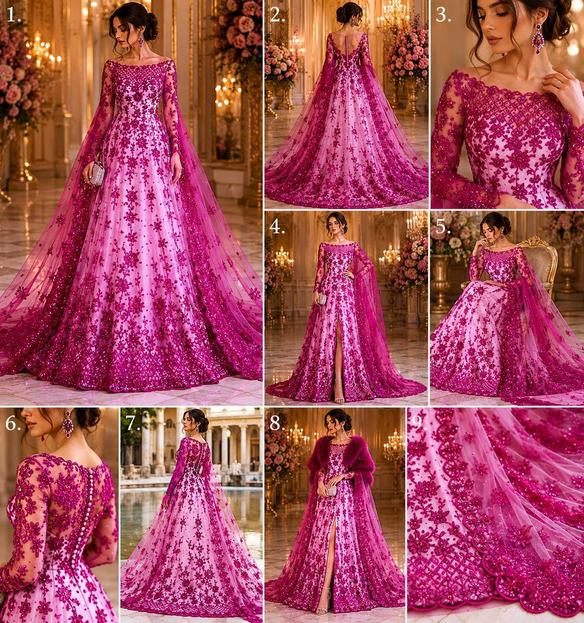 Luxurious Design Lace - Fuchsia- Beaded Design with Embroidered Sequins and Beads On a Mesh Lace Fabric for Prom Dress By The Yard