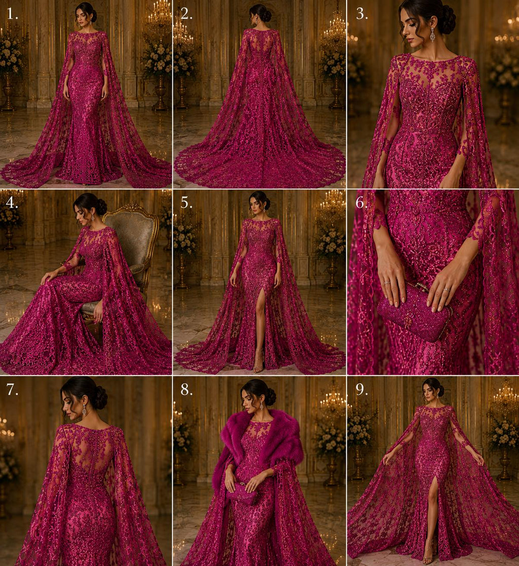 Luxurious Design Lace - Fuchsia- Beaded Design with Embroidered Sequins and Beads On a Mesh Lace Fabric for Prom Dress By The Yard