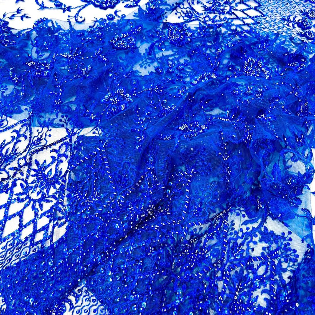 Luxurious Design Lace - Royal Blue - Beaded Design with Embroidered Sequins and Beads On a Mesh Lace Fabric for Prom Dress By The Yard