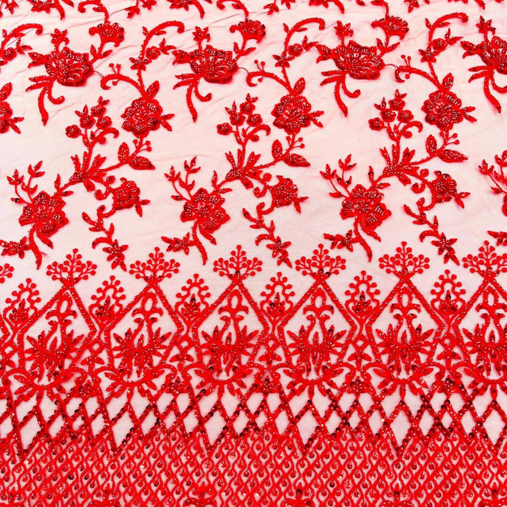 Luxurious Design Lace - Red - Beaded Design with Embroidered Sequins and Beads On a Mesh Lace Fabric for Prom Dress By The Yard