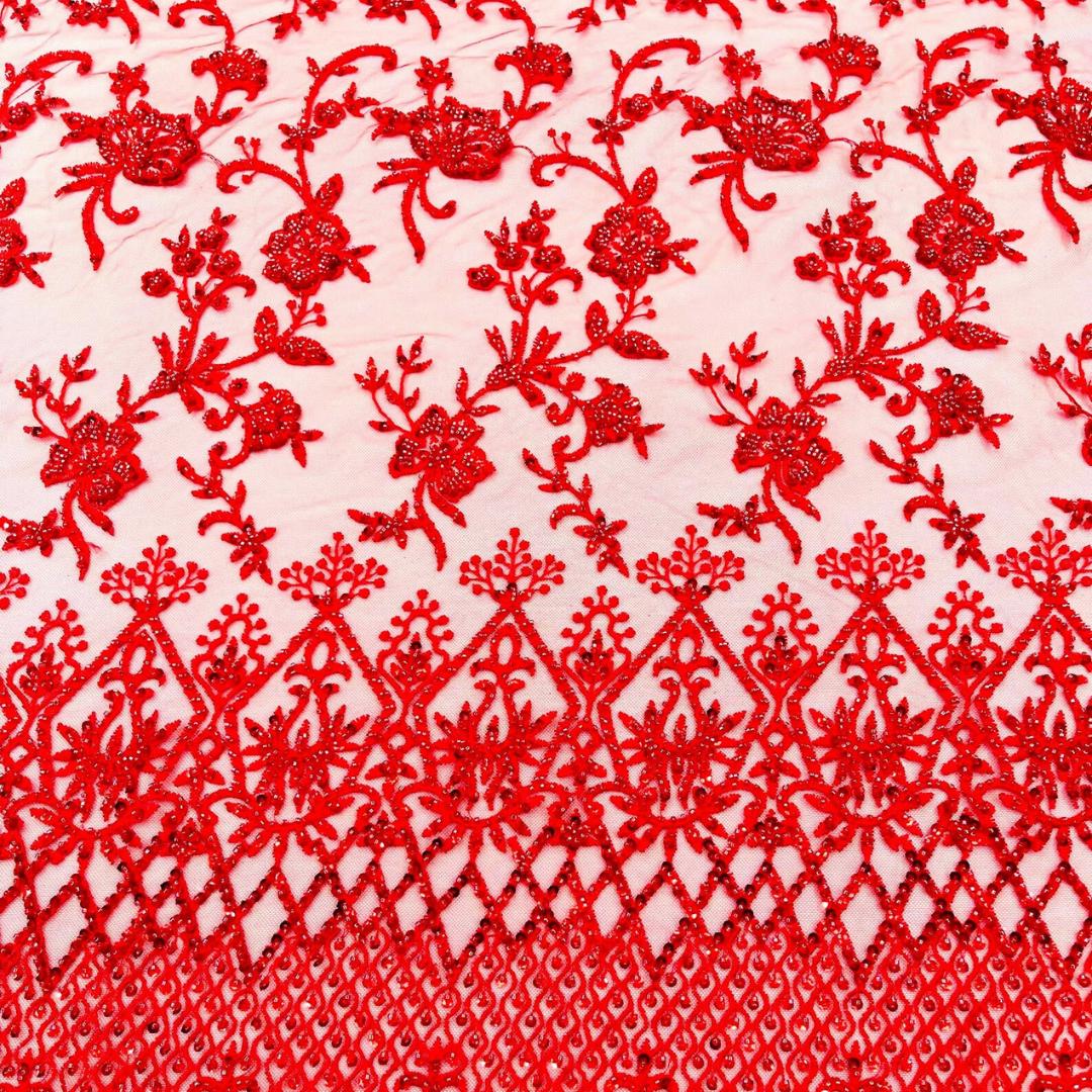 Luxurious Design Lace - Red - Beaded Design with Embroidered Sequins and Beads On a Mesh Lace Fabric for Prom Dress By The Yard