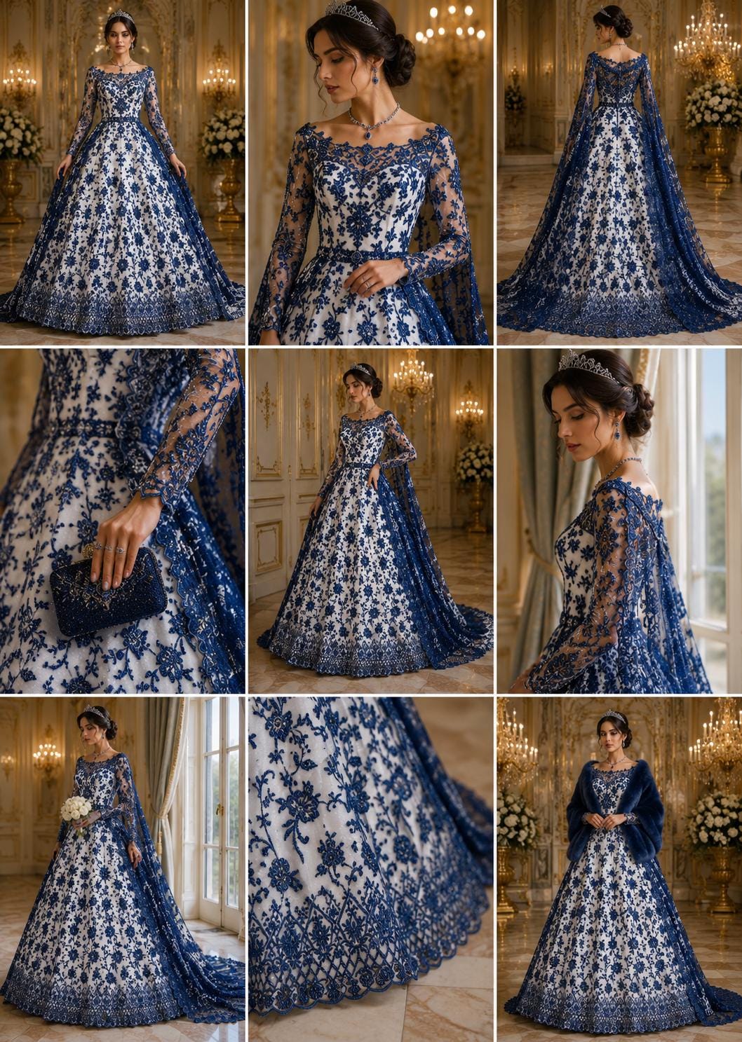 Luxurious Design Lace - Navy - Beaded Design with Embroidered Sequins and Beads On a Mesh Lace Fabric for Prom Dress By The Yard
