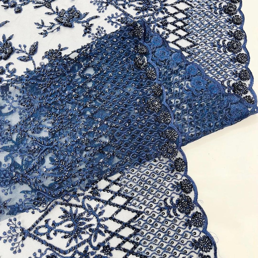 Luxurious Design Lace - Navy - Beaded Design with Embroidered Sequins and Beads On a Mesh Lace Fabric for Prom Dress By The Yard