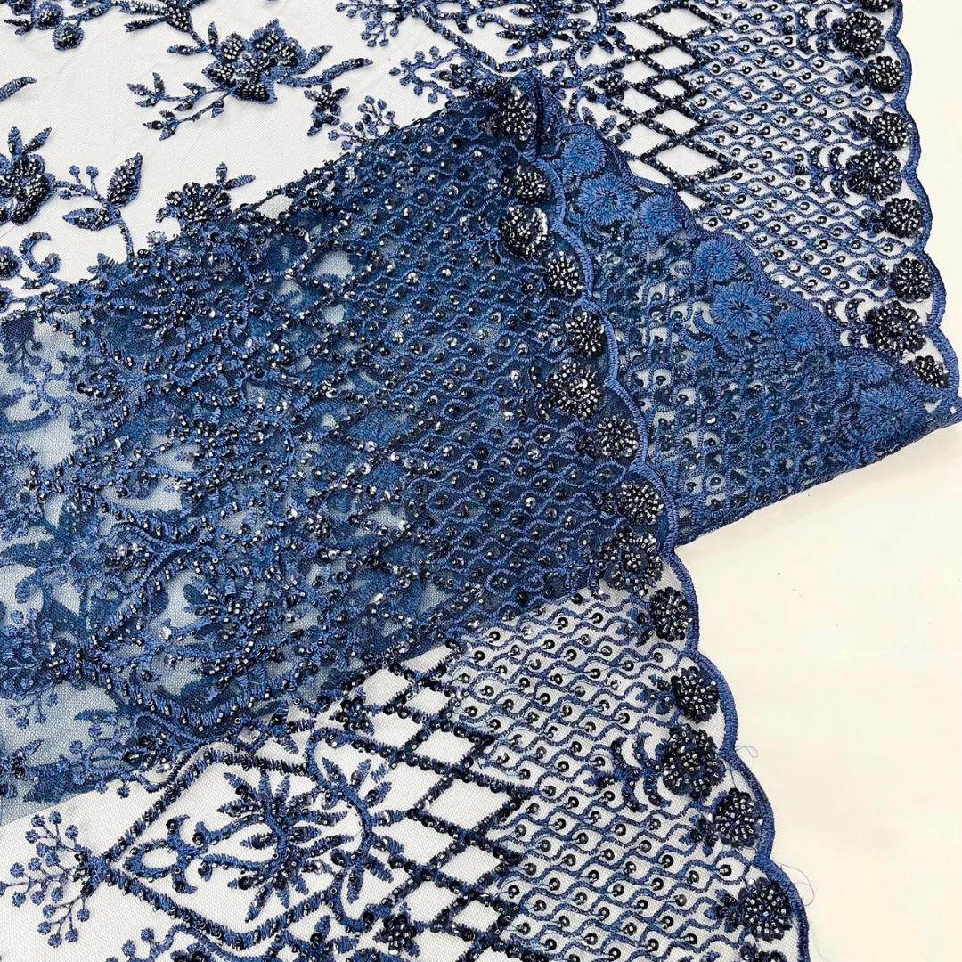 Luxurious Design Lace - Navy - Beaded Design with Embroidered Sequins and Beads On a Mesh Lace Fabric for Prom Dress By The Yard