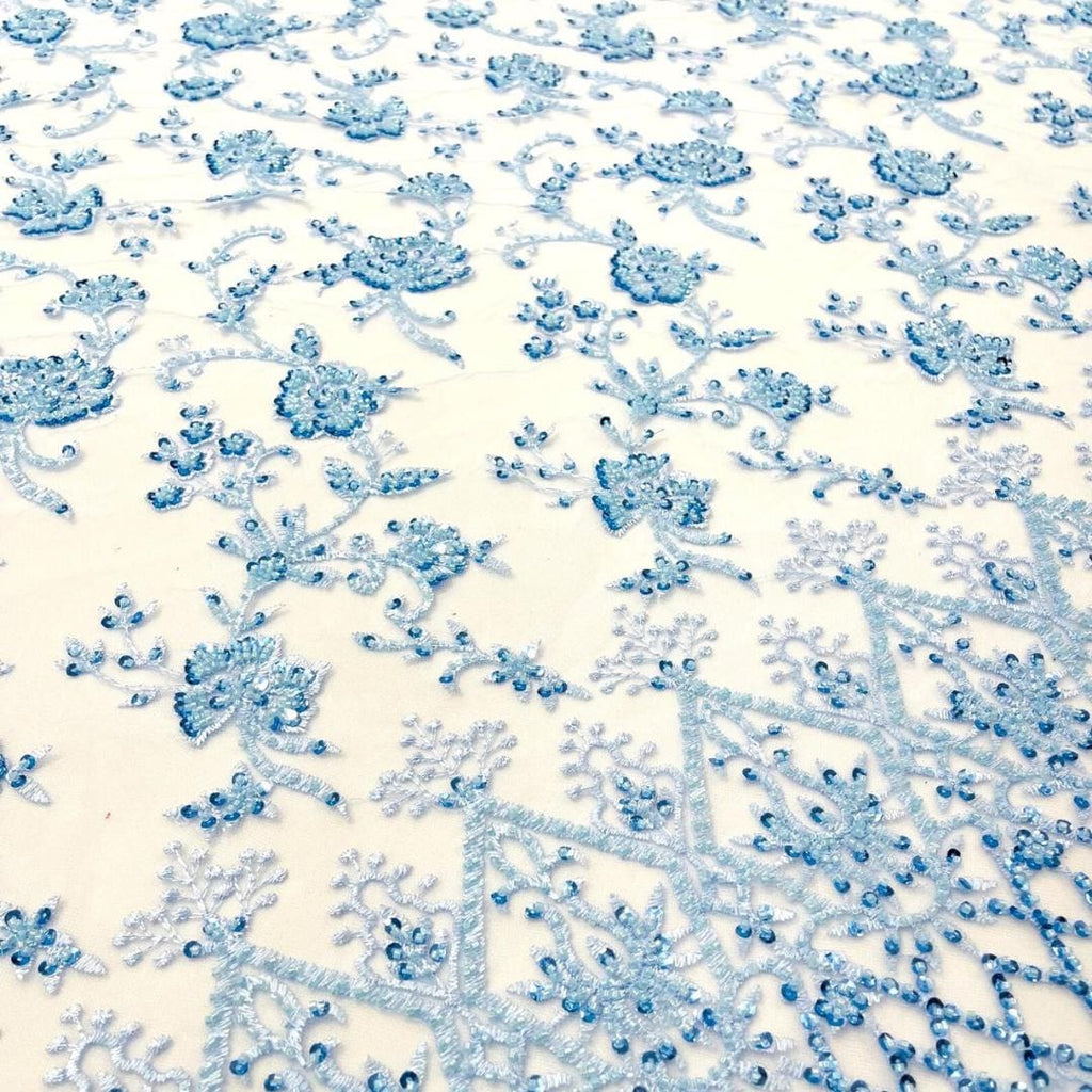Luxurious Design Lace - Lt Blue - Beaded Design with Embroidered Sequins and Beads On a Mesh Lace Fabric for Prom Dress By The Yard