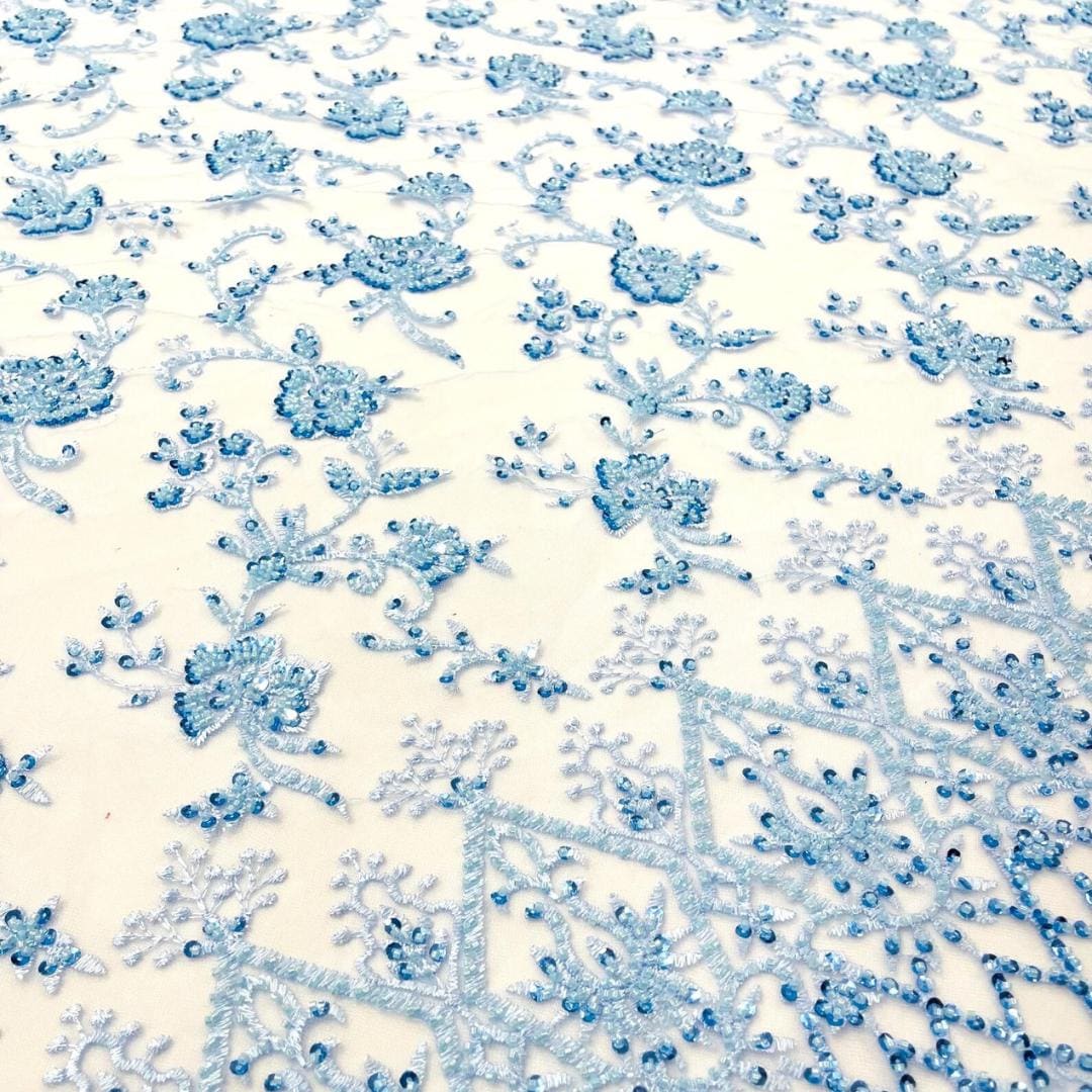 Luxurious Design Lace - Lt Blue - Beaded Design with Embroidered Sequins and Beads On a Mesh Lace Fabric for Prom Dress By The Yard