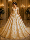 Luxurious Design Lace - Gold - Beaded Design with Embroidered Sequins and Beads On a Mesh Lace Fabric for Prom Dress By The Yard