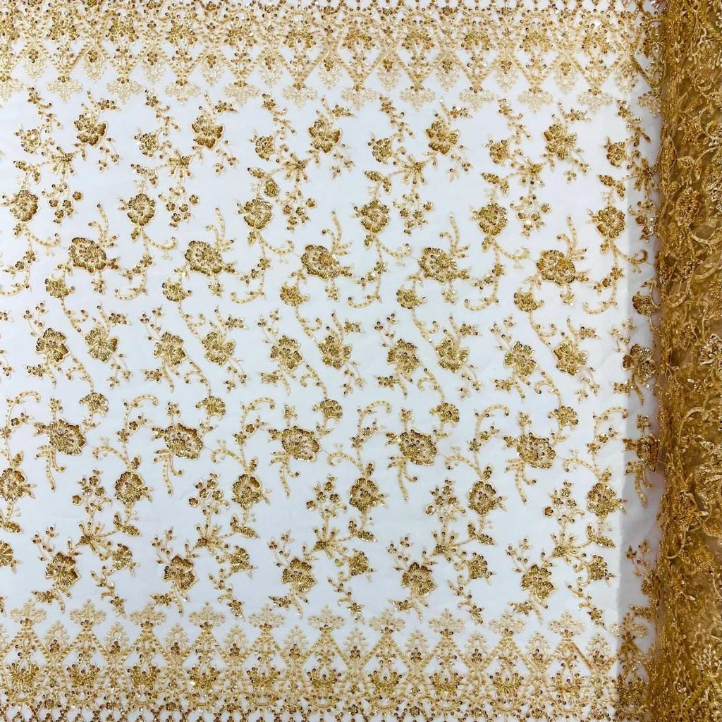 Luxurious Design Lace - Gold - Beaded Design with Embroidered Sequins and Beads On a Mesh Lace Fabric for Prom Dress By The Yard