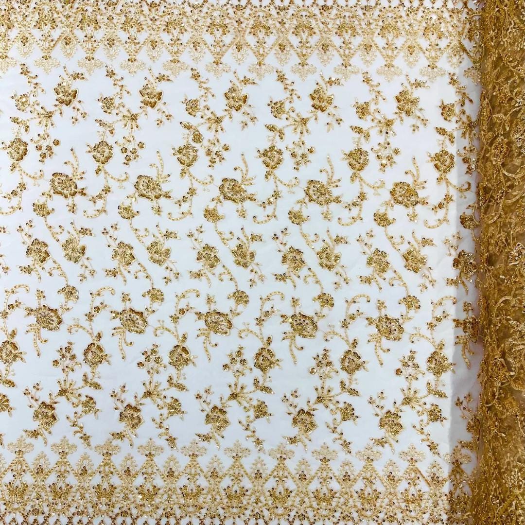 Luxurious Design Lace - Gold - Beaded Design with Embroidered Sequins and Beads On a Mesh Lace Fabric for Prom Dress By The Yard