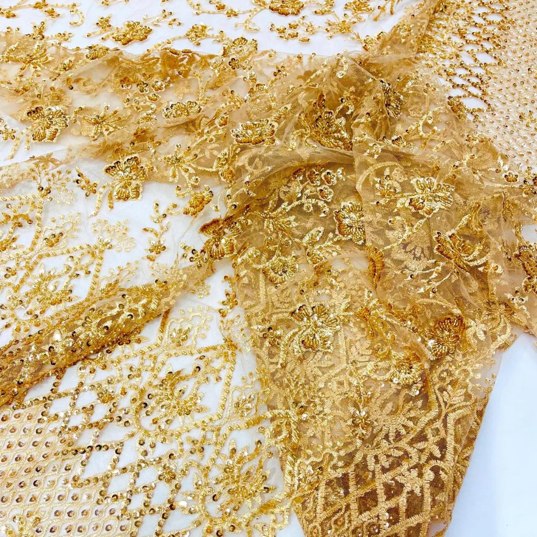 Luxurious Design Lace - Gold - Beaded Design with Embroidered Sequins and Beads On a Mesh Lace Fabric for Prom Dress By The Yard