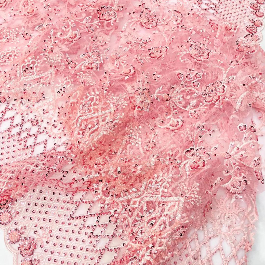 Luxurious Design Lace - Pink - Beaded Design with Embroidered Sequins and Beads On a Mesh Lace Fabric for Prom Dress By The Yard