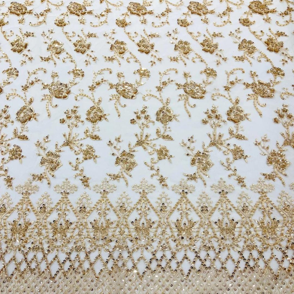 Luxurious Design Lace - Champagne - Beaded Design with Embroidered Sequins and Beads On a Mesh Lace Fabric for Prom Dress By The Yard