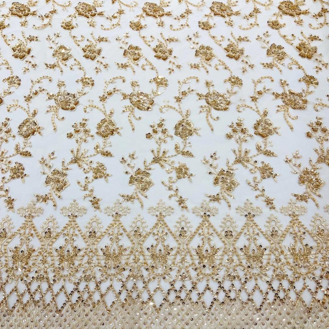 Luxurious Design Lace - Champagne - Beaded Design with Embroidered Sequins and Beads On a Mesh Lace Fabric for Prom Dress By The Yard