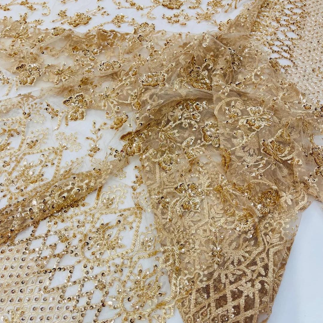 Luxurious Design Lace - Champagne - Beaded Design with Embroidered Sequins and Beads On a Mesh Lace Fabric for Prom Dress By The Yard