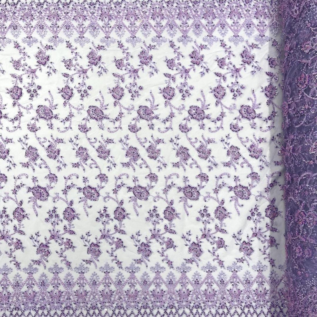 Luxurious Design Lace - Lilac - Beaded Design with Embroidered Sequins and Beads On a Mesh Lace Fabric for Prom Dress By The Yard
