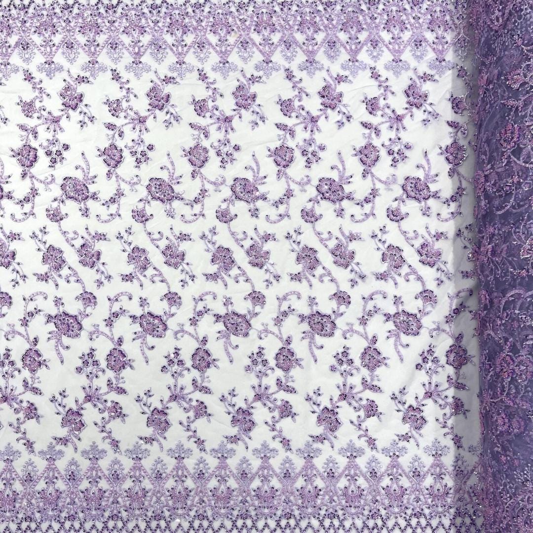 Luxurious Design Lace - Lilac - Beaded Design with Embroidered Sequins and Beads On a Mesh Lace Fabric for Prom Dress By The Yard