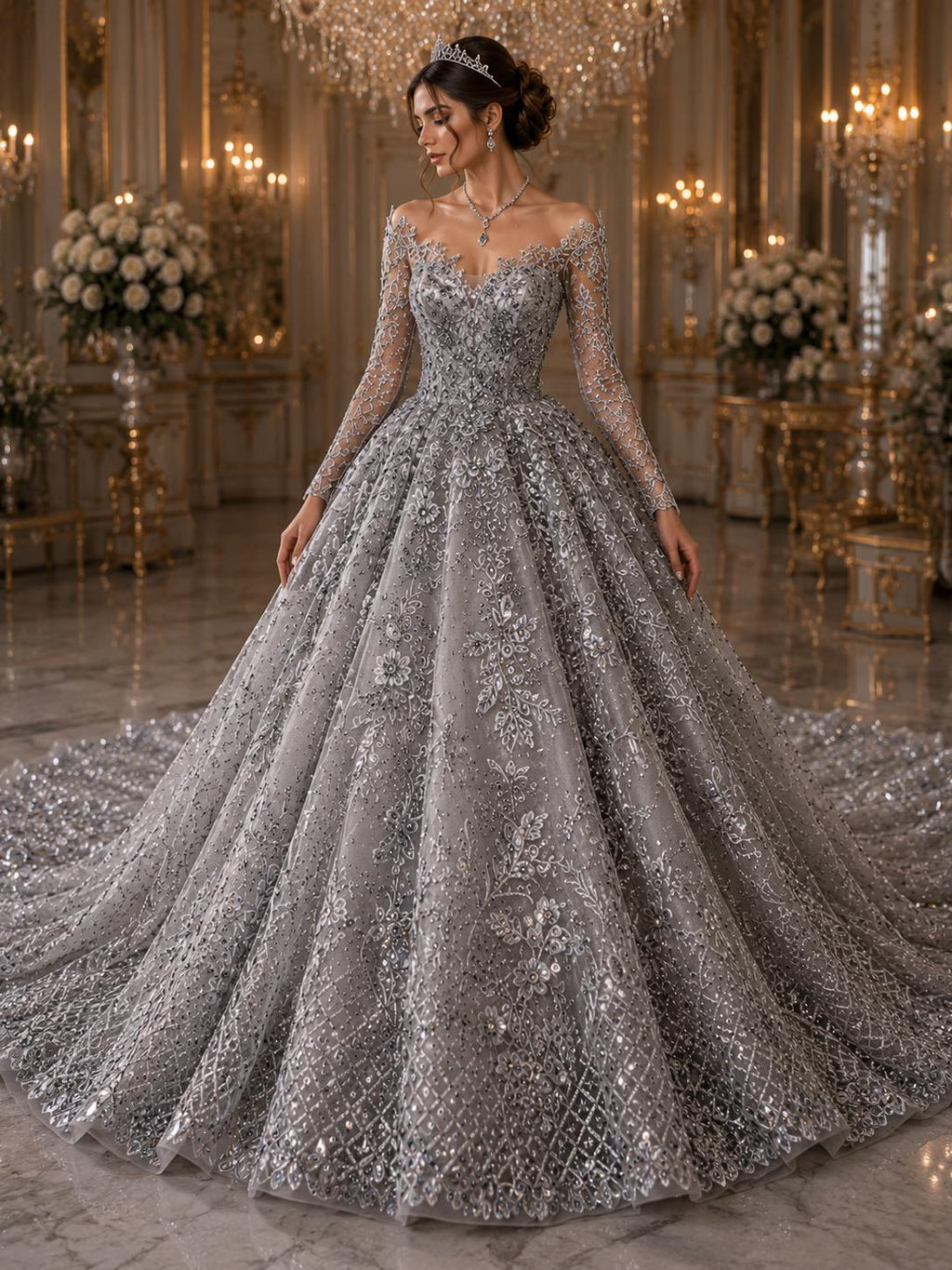 Luxurious Design Lace - Gray - Beaded Design with Embroidered Sequins and Beads On a Mesh Lace Fabric for Prom Dress By The Yard