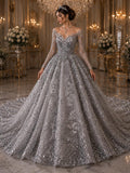 Luxurious Design Lace - Gray - Beaded Design with Embroidered Sequins and Beads On a Mesh Lace Fabric for Prom Dress By The Yard