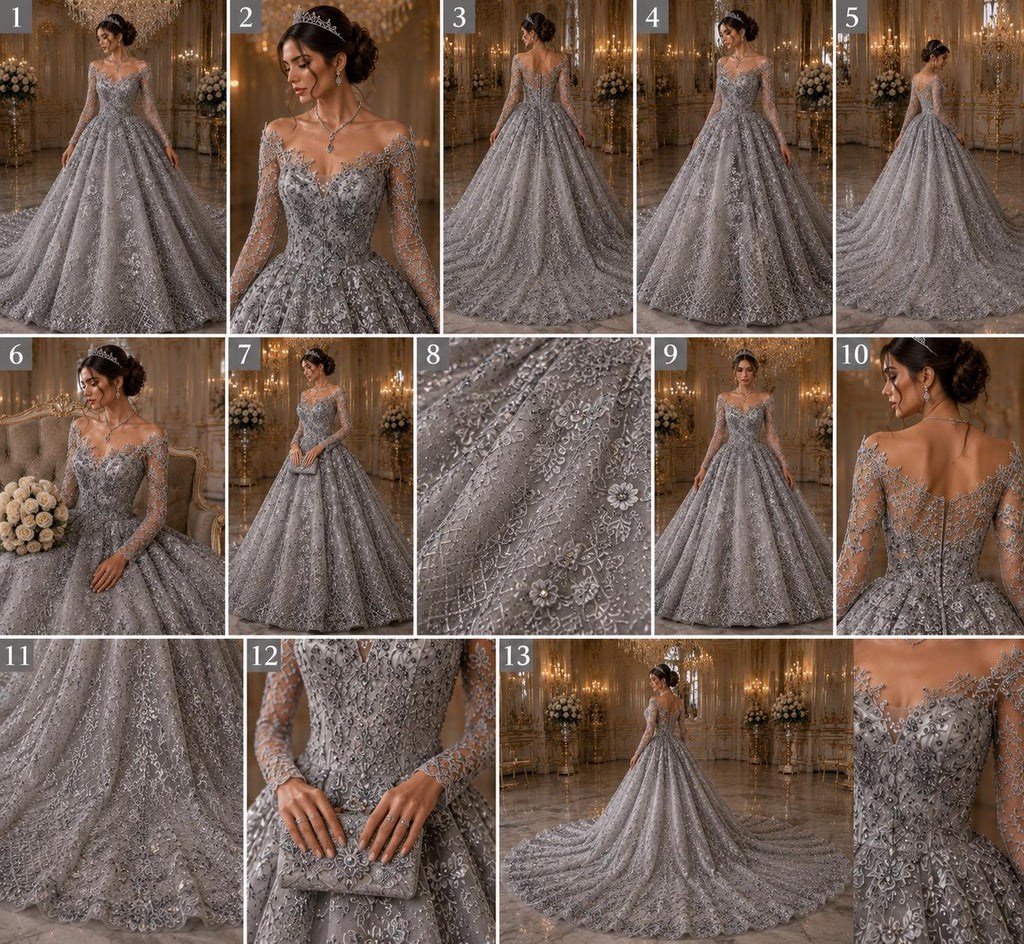 Luxurious Design Lace - Gray - Beaded Design with Embroidered Sequins and Beads On a Mesh Lace Fabric for Prom Dress By The Yard