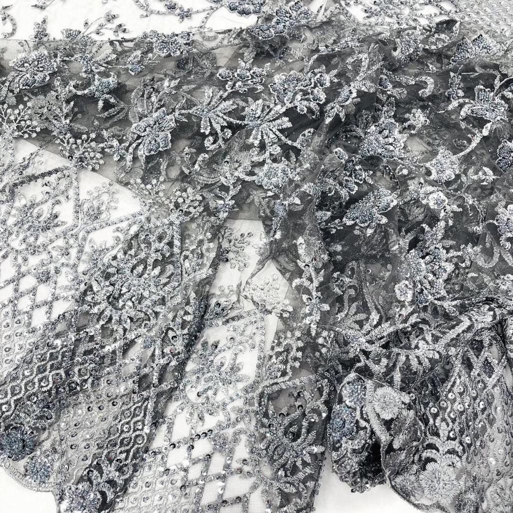 Luxurious Design Lace - Gray - Beaded Design with Embroidered Sequins and Beads On a Mesh Lace Fabric for Prom Dress By The Yard