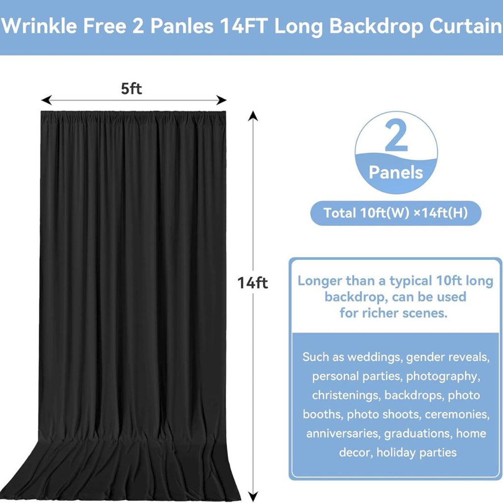 2 Panels - BLACK - 5Ft x 14Ft Wrinkle Free Backdrop Curtains for Parties  - Silky Interlock Backdrop for Weddings Birthday Party Curtains