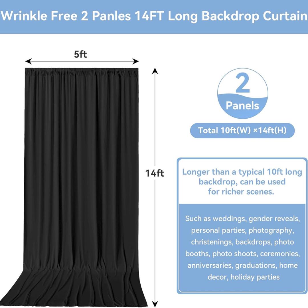 2 Panels - BLACK - 5Ft x 14Ft Wrinkle Free Backdrop Curtains for Parties  - Silky Interlock Backdrop for Weddings Birthday Party Curtains