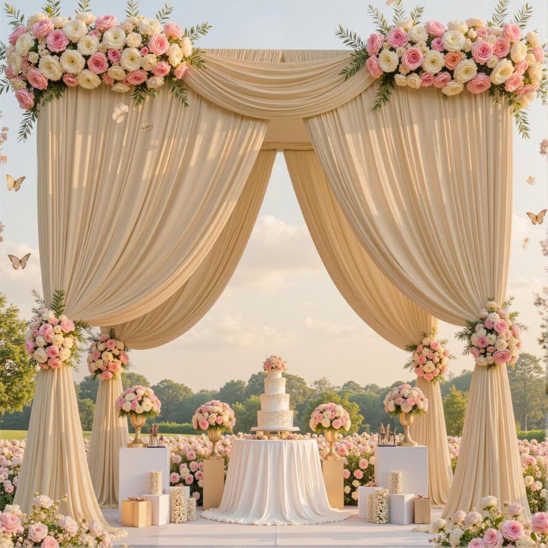 CREAM -  2 Panels 5Ft x 21Ft Wrinkle Free Backdrop Curtains for Parties  - Silky Interlock Backdrop for Weddings Birthday Party Curtains
