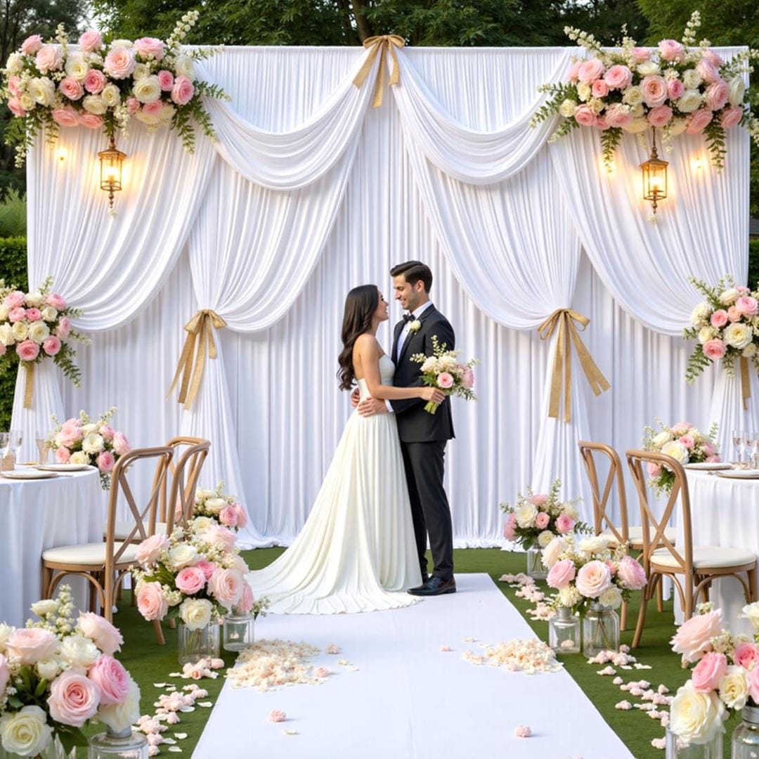 WHITE -  2 Panels 5Ft x 21Ft Wrinkle Free Backdrop Curtains for Parties  - Silky Interlock Backdrop for Weddings Birthday Party Curtains