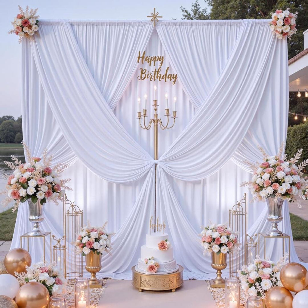 WHITE -  2 Panels - Wrinkle Free Backdrop Curtains for Parties  - Silky Interlock Backdrop for Weddings Birthday Party Curtains. Choose Size