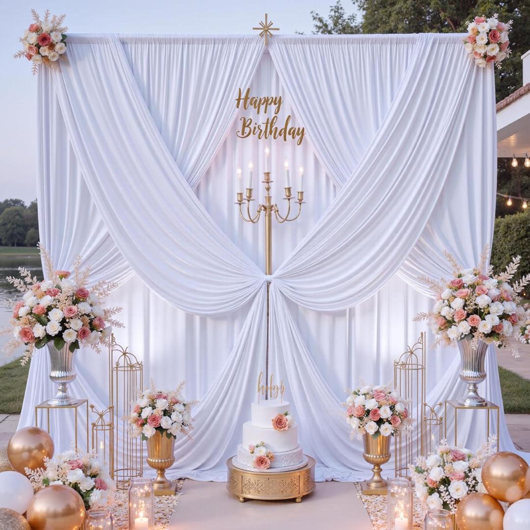 WHITE -  2 Panels - Wrinkle Free Backdrop Curtains for Parties  - Silky Interlock Backdrop for Weddings Birthday Party Curtains. Choose Size