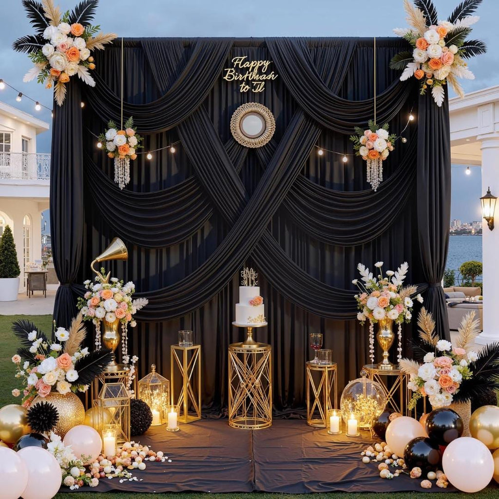 BLACK -  2 Panels Wrinkle Free Backdrop Curtains for Parties Silky Interlock Backdrop for Weddings Birthday Party Curtains. Choose Size