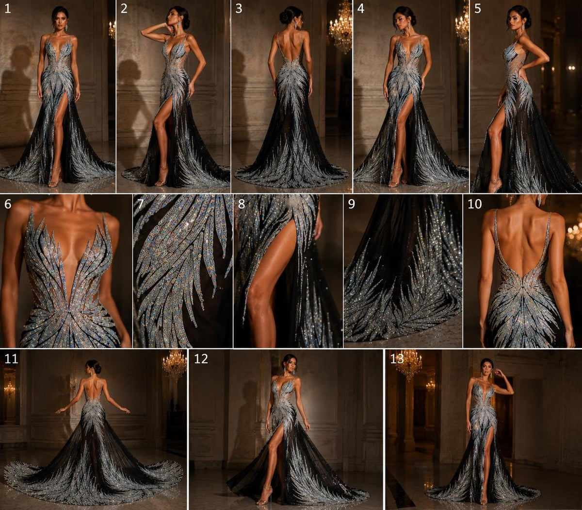 Feather Design Iridescent - SILVER/BLACK - Luxury Shiny Sequin - 4 Way Stretch Mesh Fabric – Prom & Evening Dress Material By The Yard.